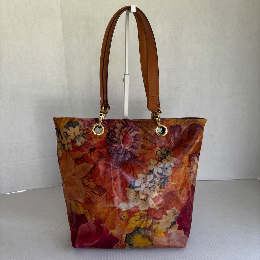 Maurizio Taiuti Italy Genuine Leather Floral Print Tote Shoulder Bag Purse - Picture 2 of 12